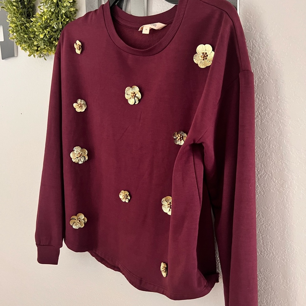 Burgundy Sweatshirt with Gold Floral Accents